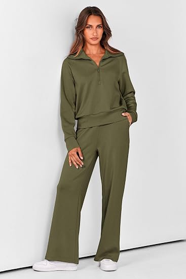 Women's 2-Piece Active Set for Casual Loungewear, Daily Errands, and Seasonal Comfy Style, L (Olive Green)
