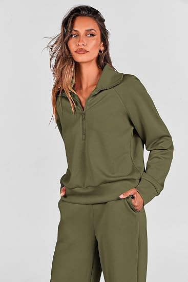 Women's 2-Piece Active Set for Casual Loungewear, Daily Errands, and Seasonal Comfy Style, L (Olive Green)