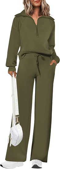 Women's 2-Piece Active Set for Casual Loungewear, Daily Errands, and Seasonal Comfy Style, L (Olive Green)