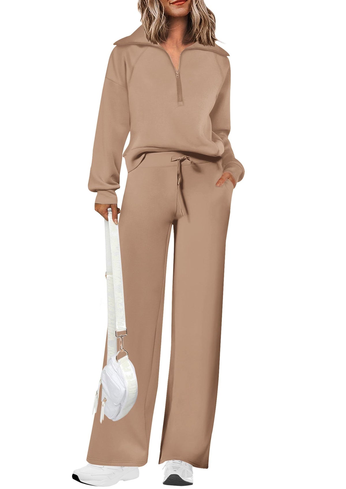 Women's 2-piece Casual Tracksuit, Ideal For Lounging, Working Out, Running Errands, L (Beige)