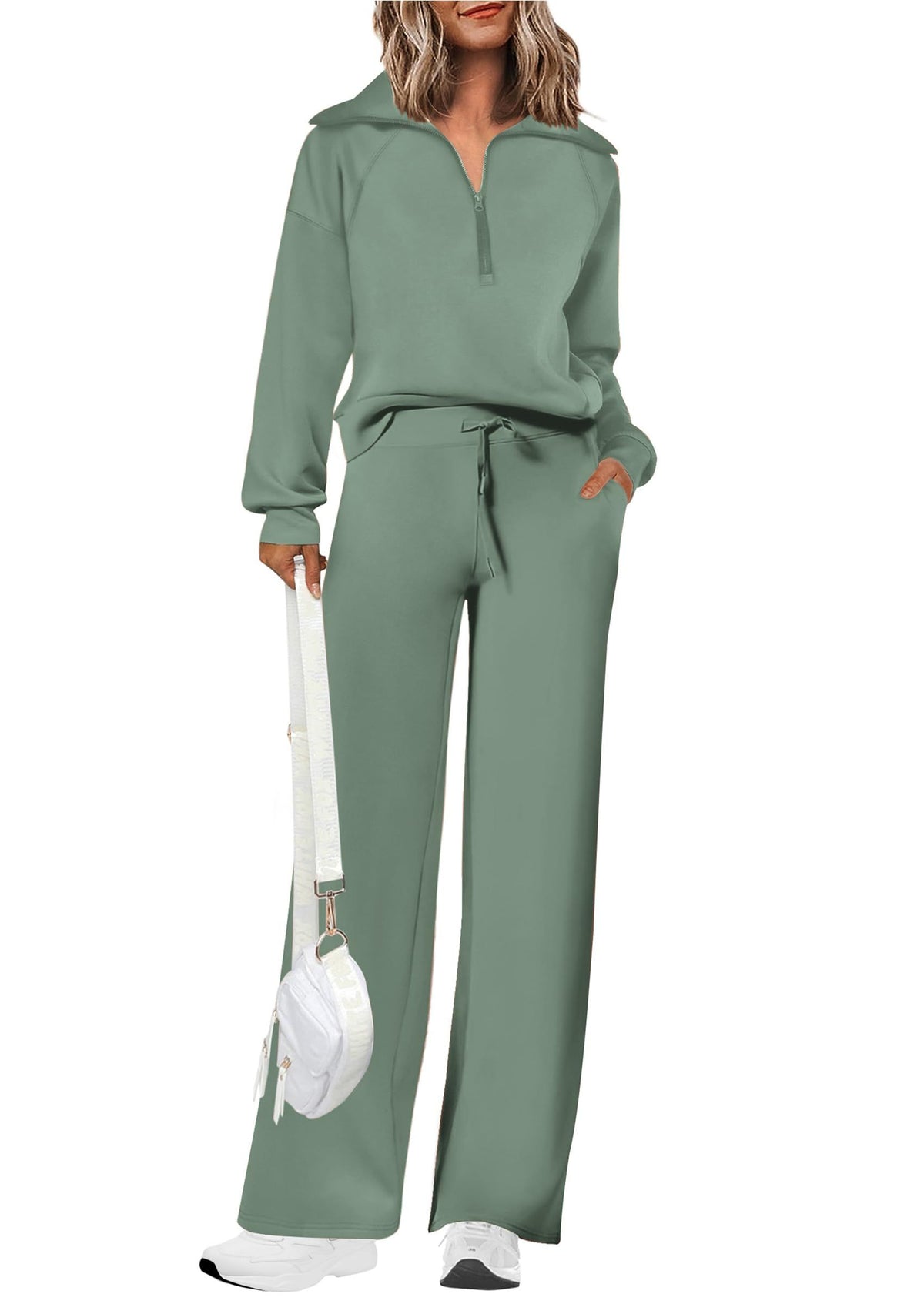 Women’s 2-Piece Lounge Set for Daily Errands, Gym Workouts & Relaxed At-Home Wear, L (Sage Green)