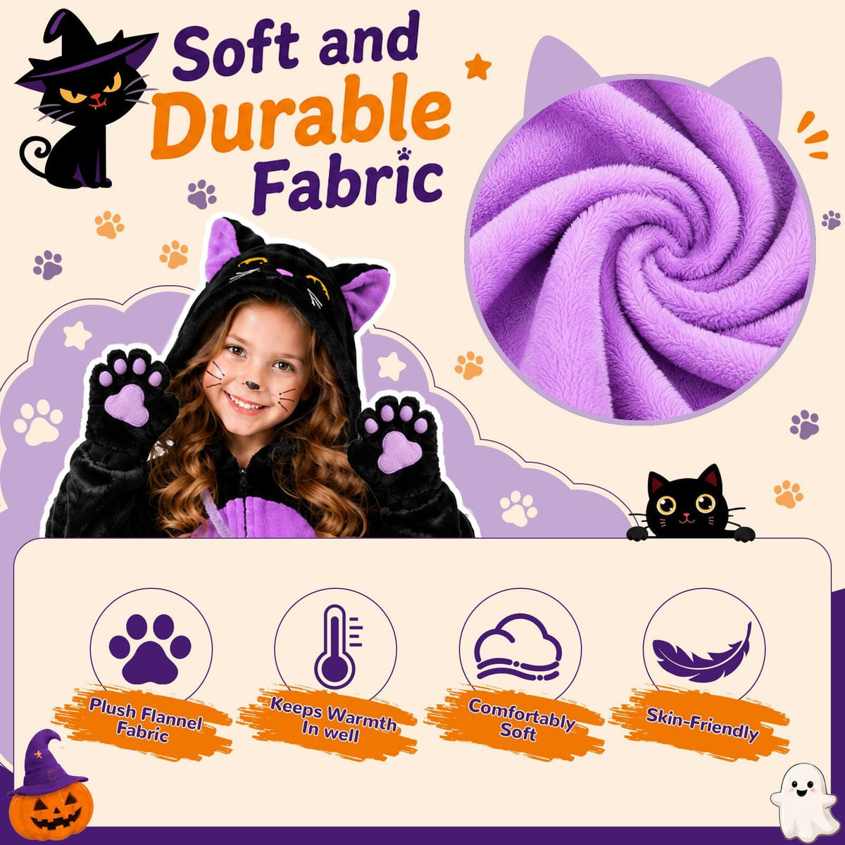 Kids' Black Cat Onesie Costume for Halloween, Role Play, and Themed Parties, S (Black)