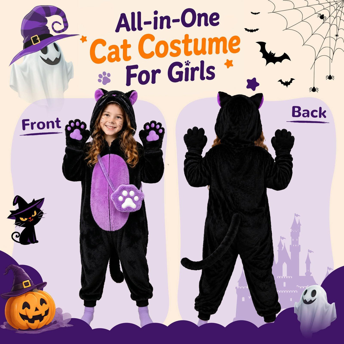 Kids' Black Cat Onesie Costume for Halloween, Role Play, and Themed Parties, S (Black)