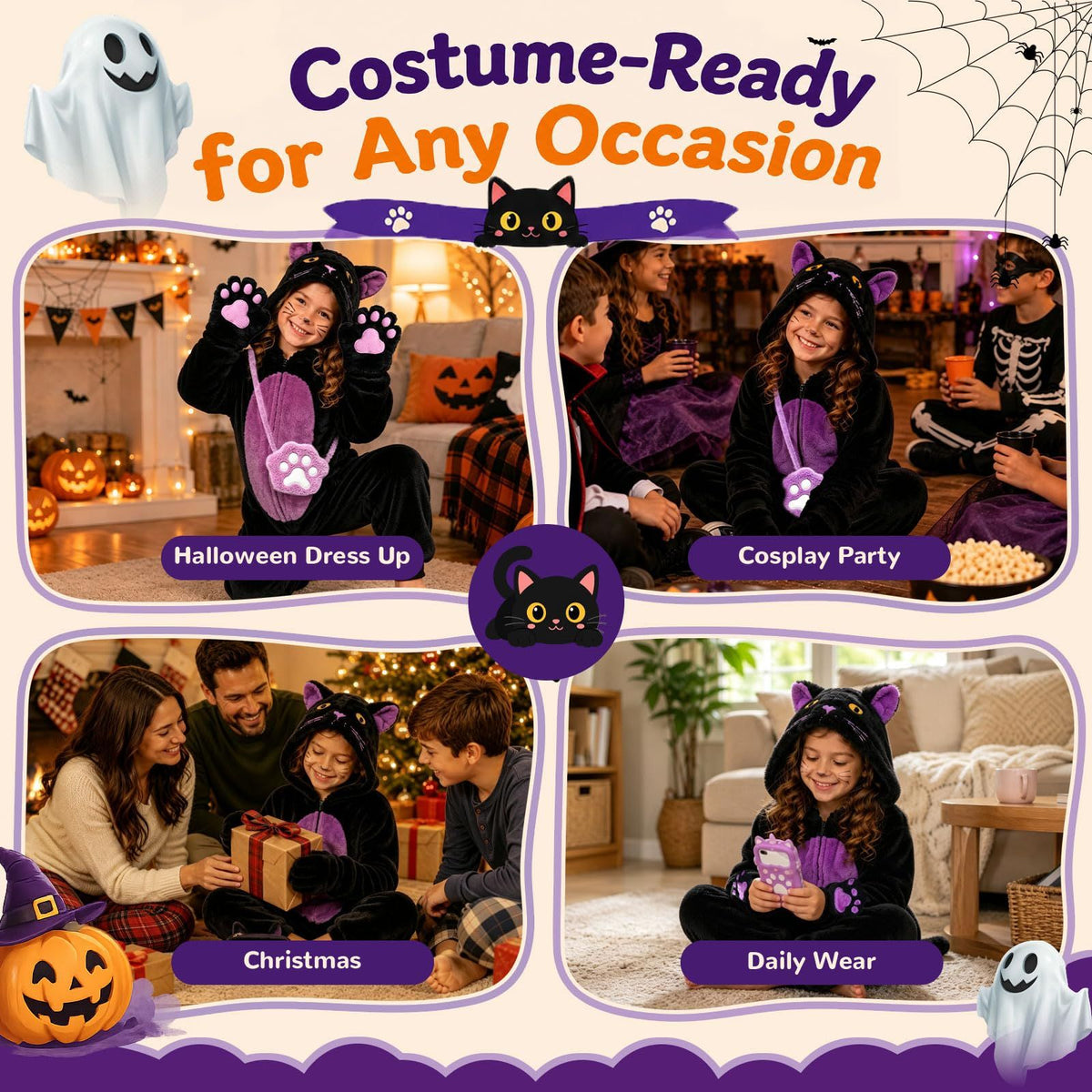 Kids' Black Cat Onesie Costume for Halloween, Role Play, and Themed Parties, S (Black)