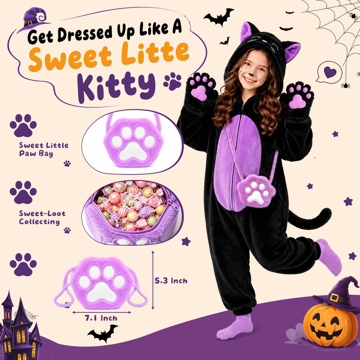 Kids' Black Cat Onesie Costume for Halloween, Role Play, and Themed Parties, XL (Black)
