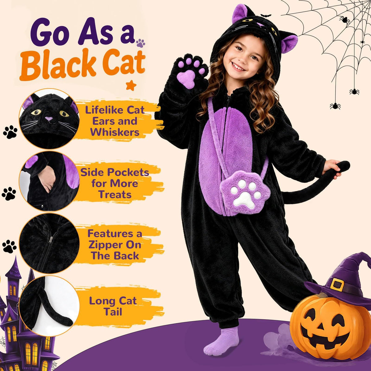 Kids' Black Cat Onesie Costume for Halloween, Role Play, and Themed Parties, XXL (Black)