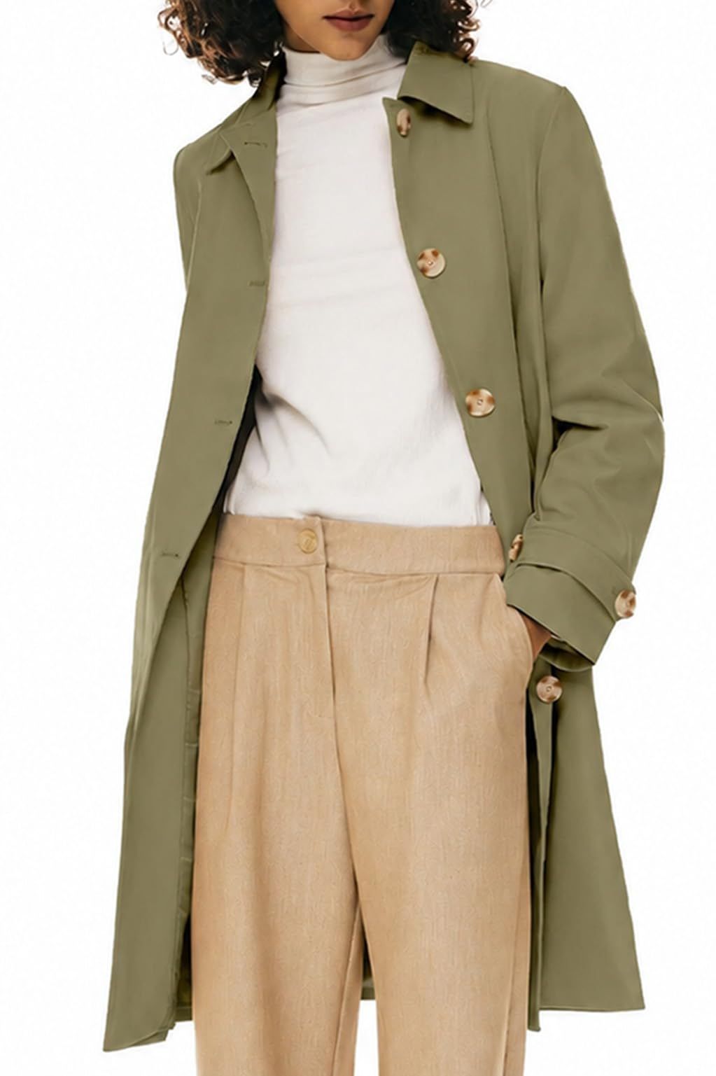 Women’s Mid-Length Single-Breasted Trench Coat for Office, Weekend & Transitional Seasons, M (khaki green)