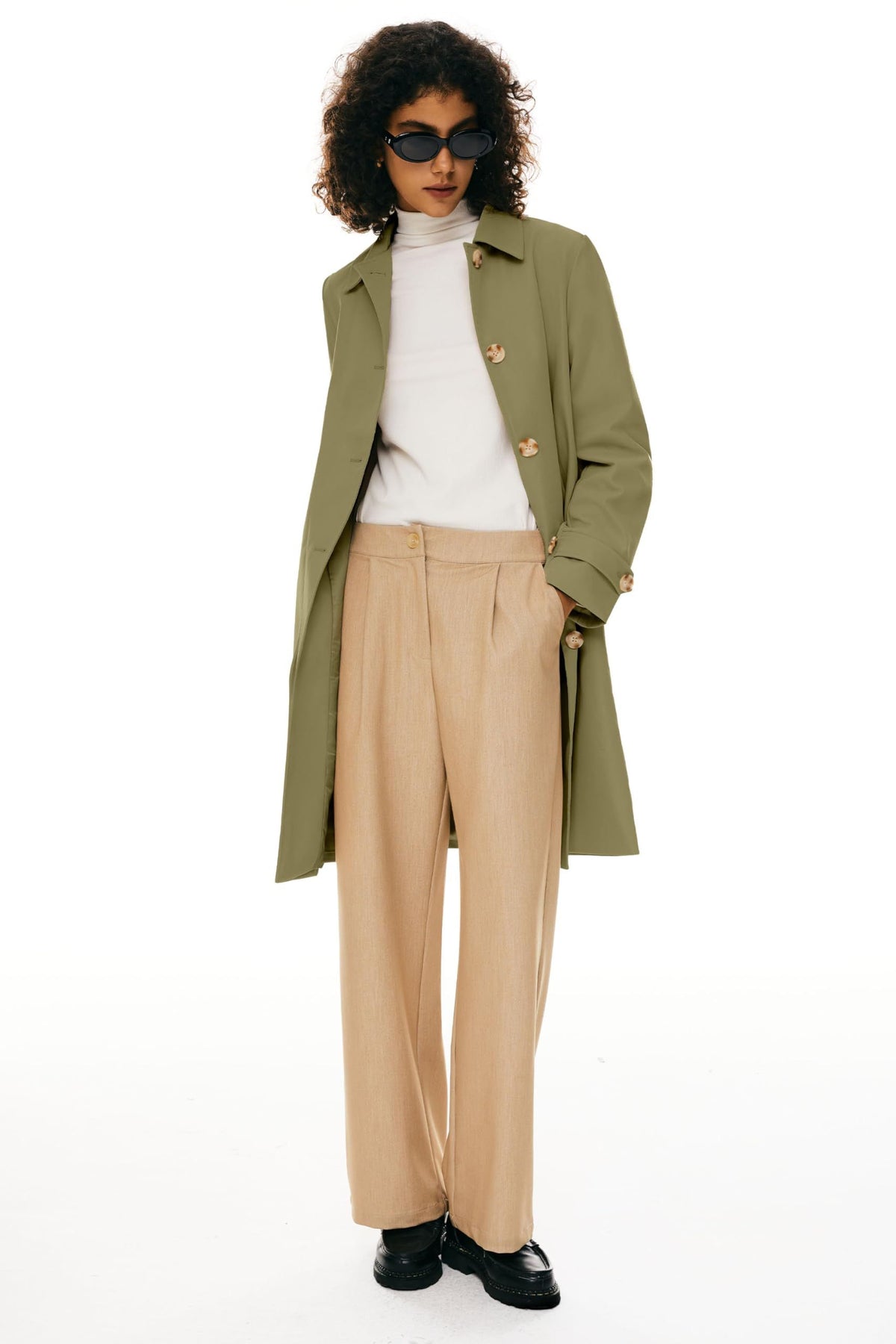 Women’s Mid-Length Single-Breasted Trench Coat for Office, Weekend & Transitional Seasons, L (khaki green)