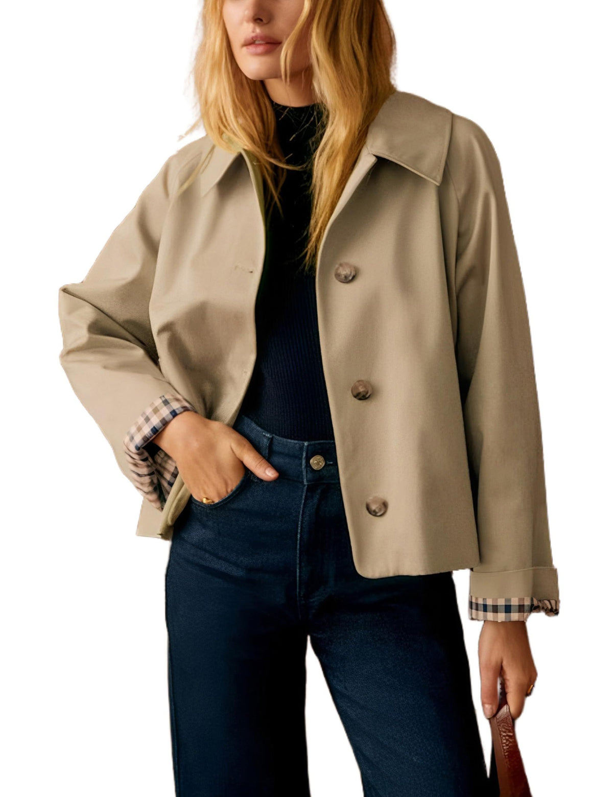 Versatile Lightweight Cropped Trench Jacket for Daily Work, Travel and All Seasons, S (khaki)