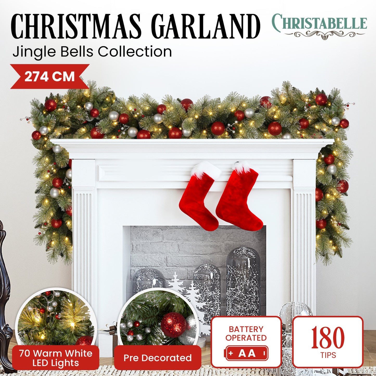 Christabelle 2.7m Christmas Garland with LED Lights and Baubles Mantle Decoration Ornament