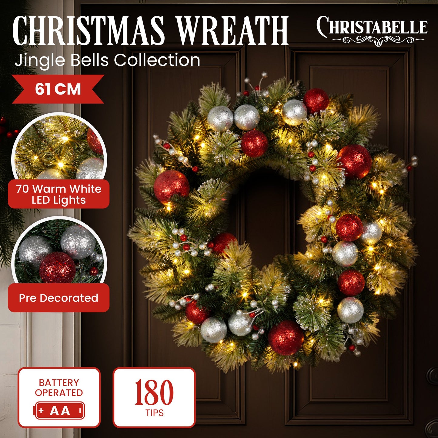 Christabelle Stunning 61cm Christmas Wreath with LED Lights Baubles Berries Red Silver Front Door Decoration
