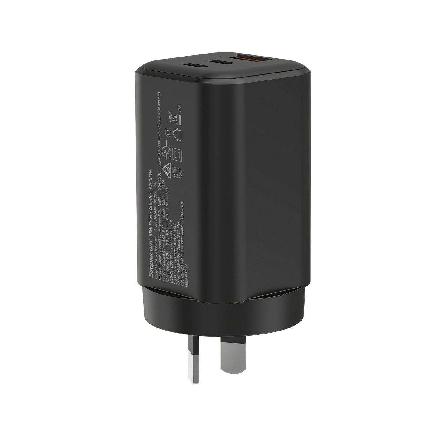 Simplecom CU365 3-Port PD 65W GaN Wall Charger Dual USB-C + USB-A for Phone Laptop