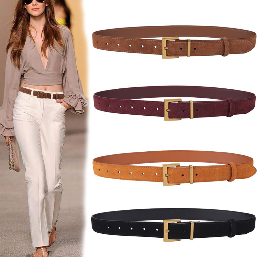 Women's Genuine Suede Leather Belt Classic Pin Buckle Cowhide Belts (Black)