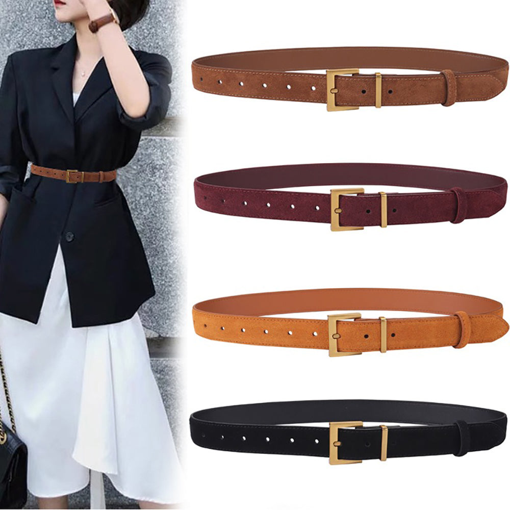 Women's Genuine Suede Leather Belt Classic Pin Buckle Cowhide Belts (Caramel)