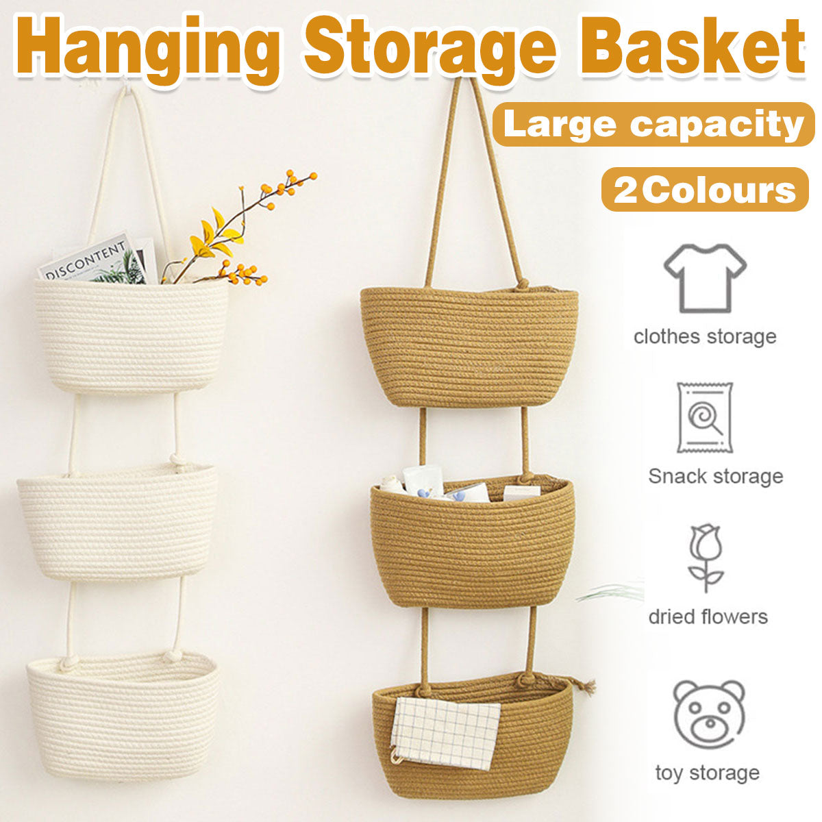 3 Layer Wall Mounted Storage Basket Hanging Organizer Rack for Household Items - White