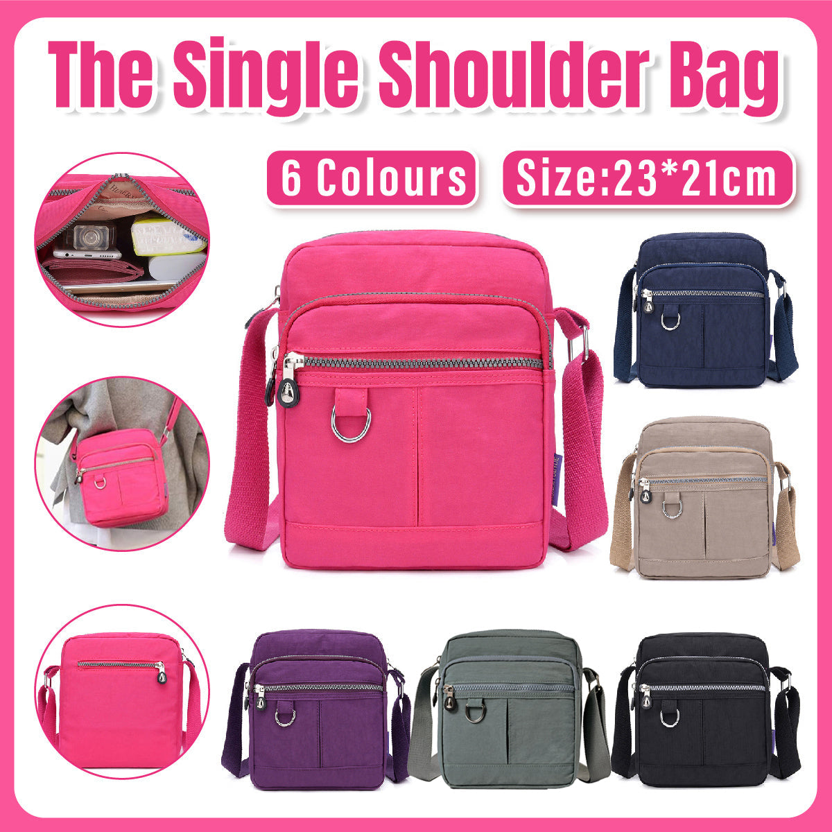 Ladies Shoulder Bag Nylon Fabric Lightweight Crossbody Small Casual Handbag - Purple