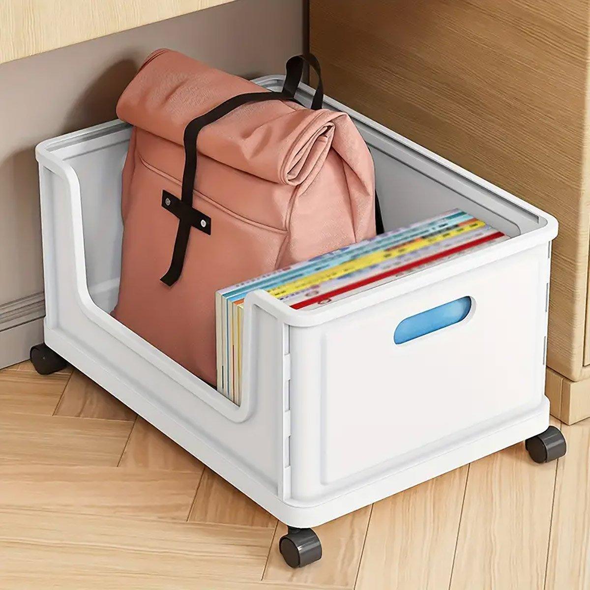 Under Desk Book Storage Box with Wheels Movable Classroom Student Organiser Rack - Blue