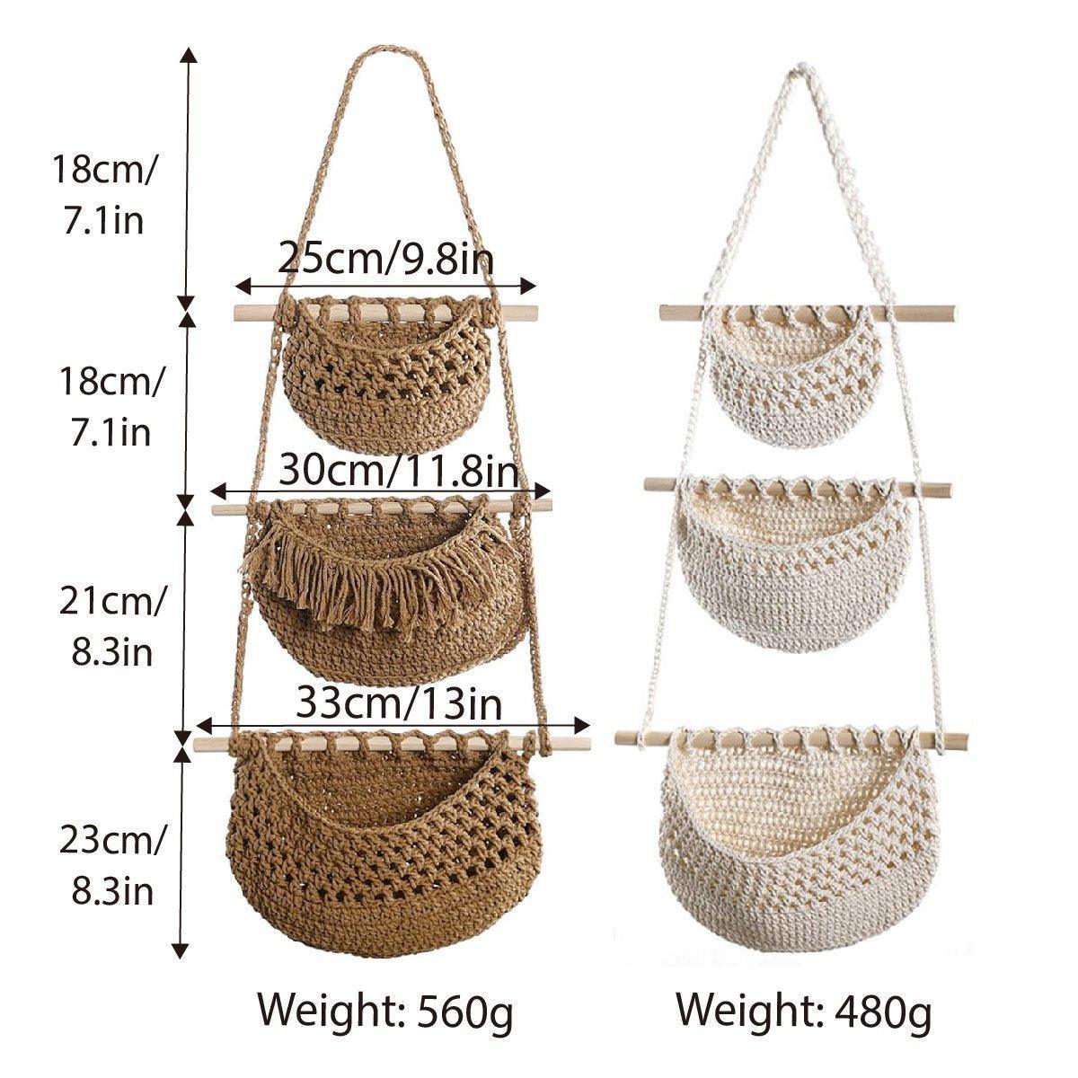 Three Layer Cotton Rope Wall Hanging Basket Door Storage Rack Organizer Bag - Brown