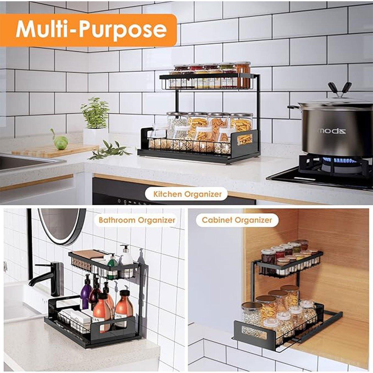 Removable Kitchen Cabinet Sink Storage Rack with Drawable Basket Organizer Shelf