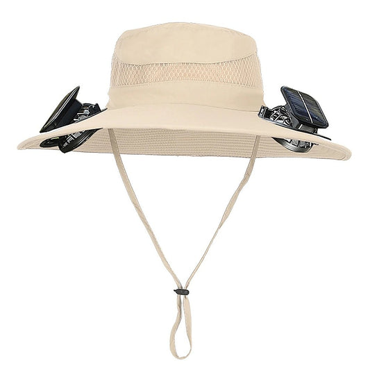 Solar & USB Powered Cooling Hat with Dual Fan – Khaki Outdoor Sun Hat