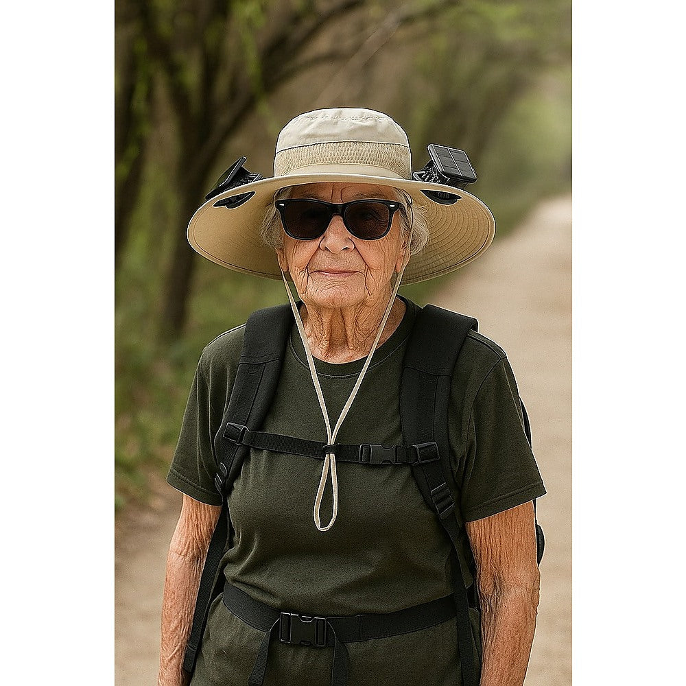 Solar & USB Powered Cooling Hat with Dual Fan – Khaki Outdoor Sun Hat