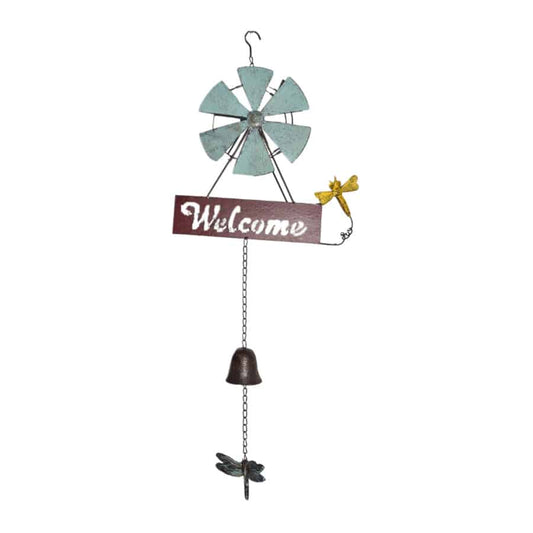 Hanging Welcome Windmill w Bell + Dragonfies 88cm