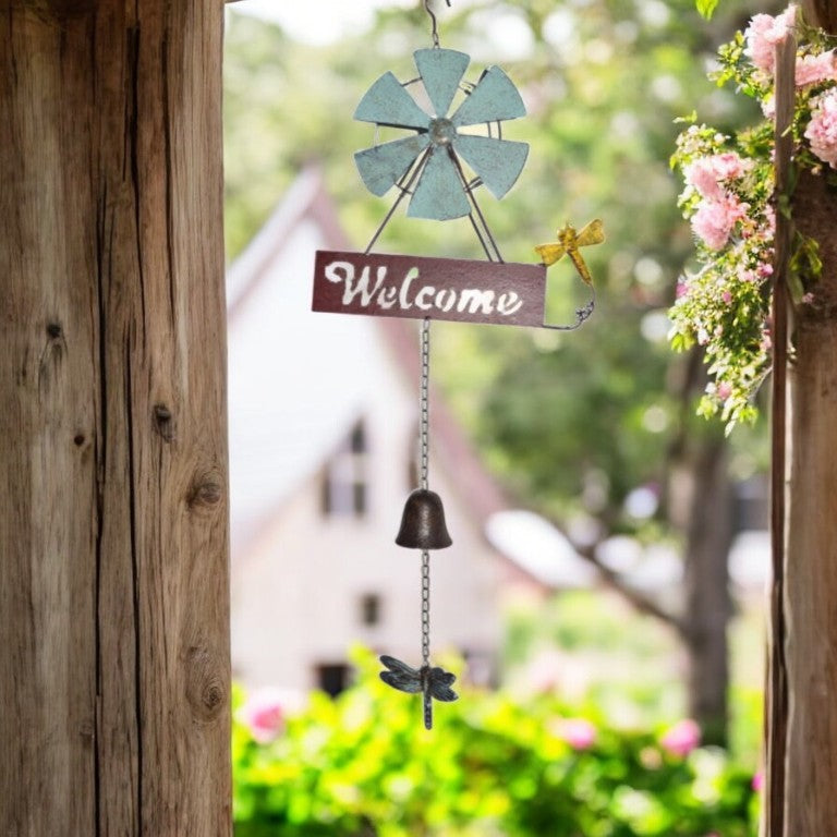 Hanging Welcome Windmill w Bell + Dragonfies 88cm