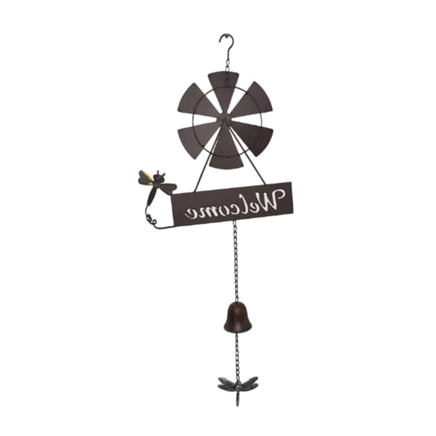 Hanging Welcome Windmill w Bell + Dragonfies 88cm