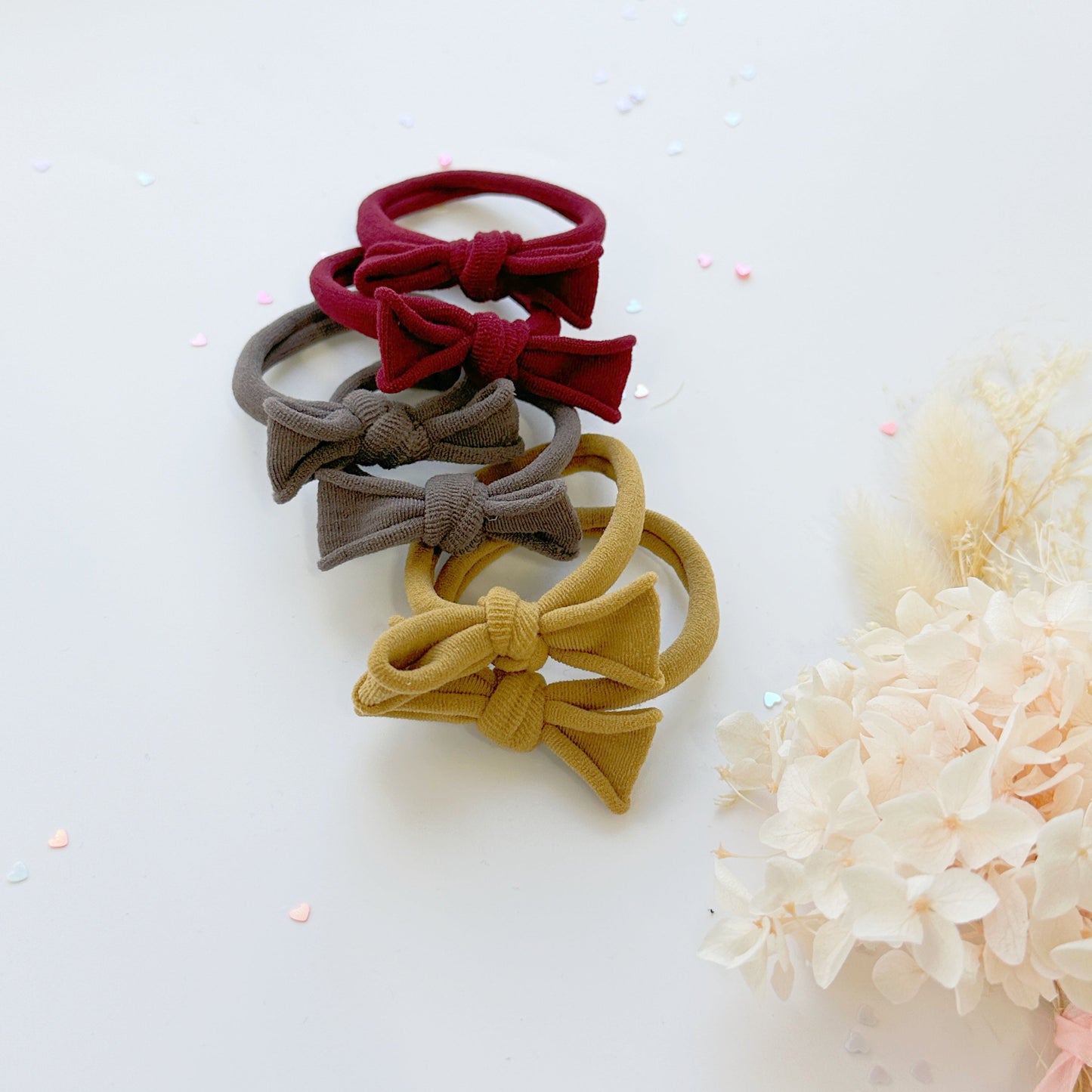 Handmade Simple Bow metal free hair ties -Mustard - 1 Pairs - Maroon