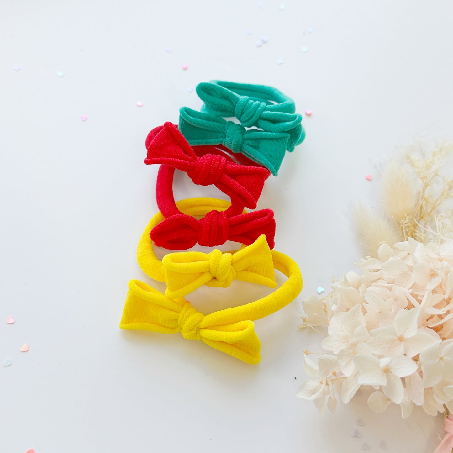 Handmade Simple Bow metal free hair ties -POP - 1 Pairs - Yellow