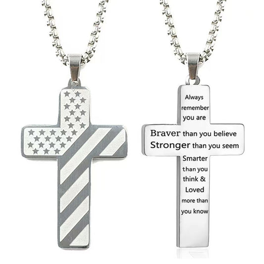 Silver Men's Textured Cross Necklace - Stainless Steel Pendant with Inspirational Message