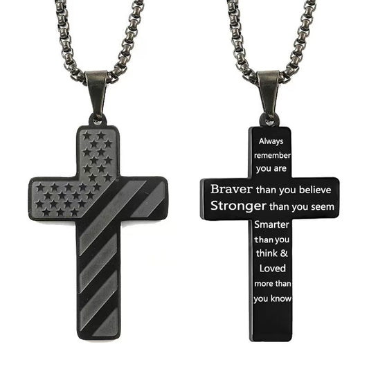 Black Men's Textured Cross Necklace - Stainless Steel Pendant with Inspirational Message