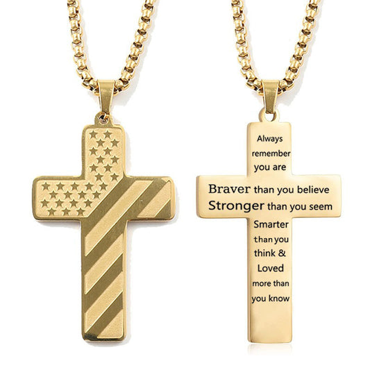 Gold Men's Textured Cross Necklace - Stainless Steel Pendant with Inspirational Message