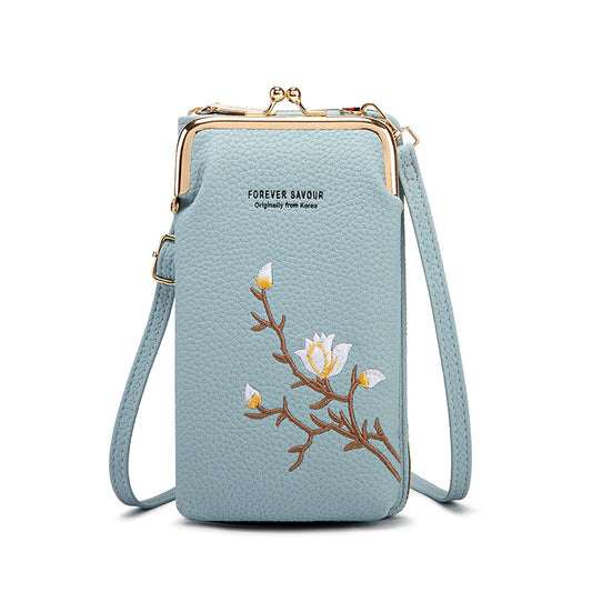 Blue Chic Embroidered Crossbody Phone Wallet - All-in-One Purse with Kiss-Lock Clasp
