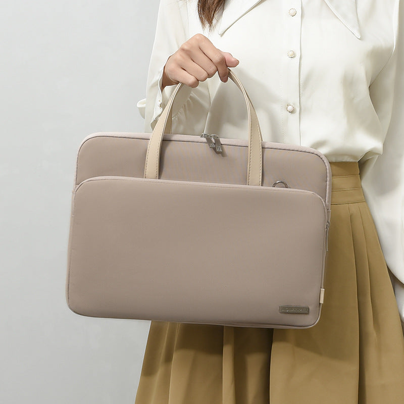 Beige Chic Padded Laptop Bag for 15.6-Inch Notebooks - Versatile Shoulder Briefcase with Trolley Strap