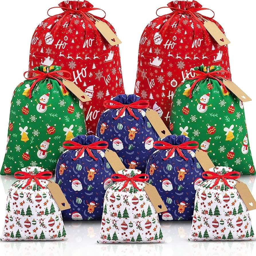Red checkered Christmas Gift Drawstring Bags Set - Festive Burlap Style Pouches for Candy & Apples - Holiday Decoration - 10 Pcs