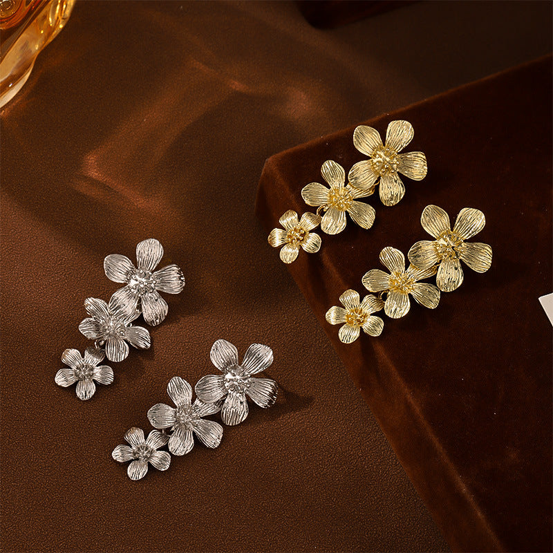 Sliver Textured Cascading Floral Statement Drop Earrings for Women