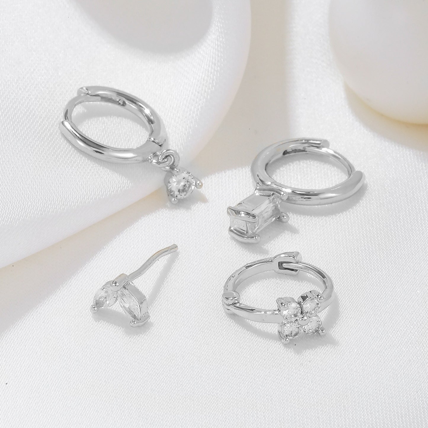 Four-piece set Silver Delicate CZ Earring Stacking Set - Huggie Hoops & Studs for Multiple Piercings