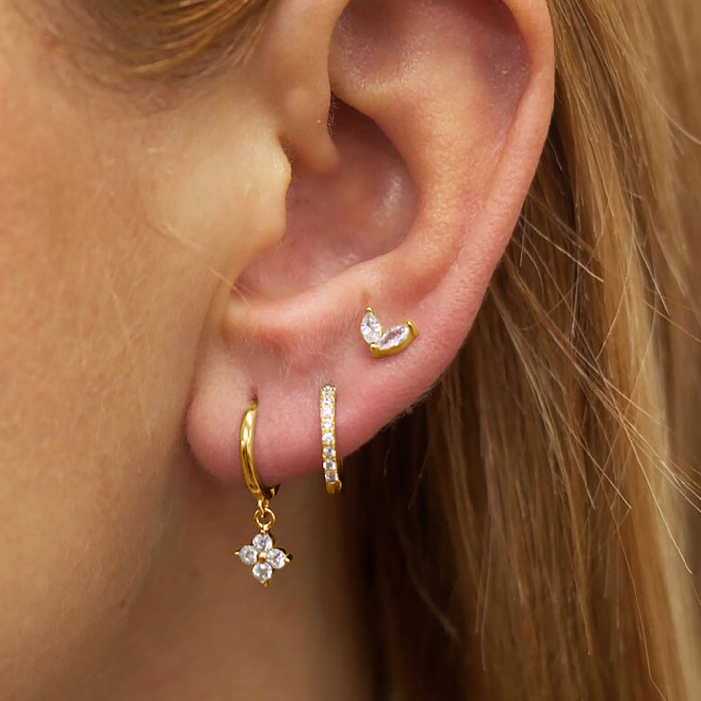 Three-piece set Gold Delicate CZ Earring Stacking Set - Huggie Hoops & Studs for Multiple Piercings
