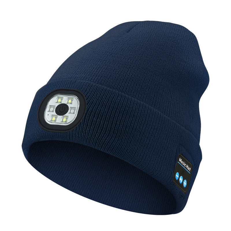 Navy blue Wireless Bluetooth Beanie Hat with USB Rechargeable LED Headlight - Unisex Knit Cap for Running & Camping
