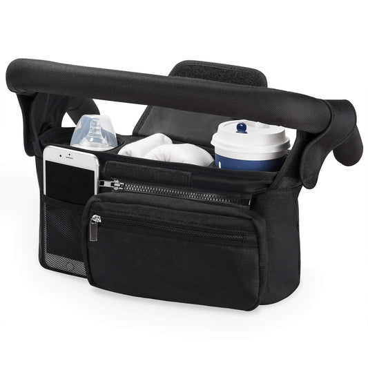 Black Universal Stroller Organiser Caddy with Insulated Cup Holders and Detachable Wristlet