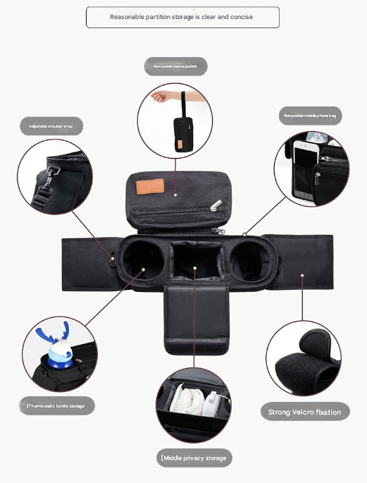 Grey and Black Stitching Universal Stroller Organiser Caddy with Insulated Cup Holders and Detachable Wristlet