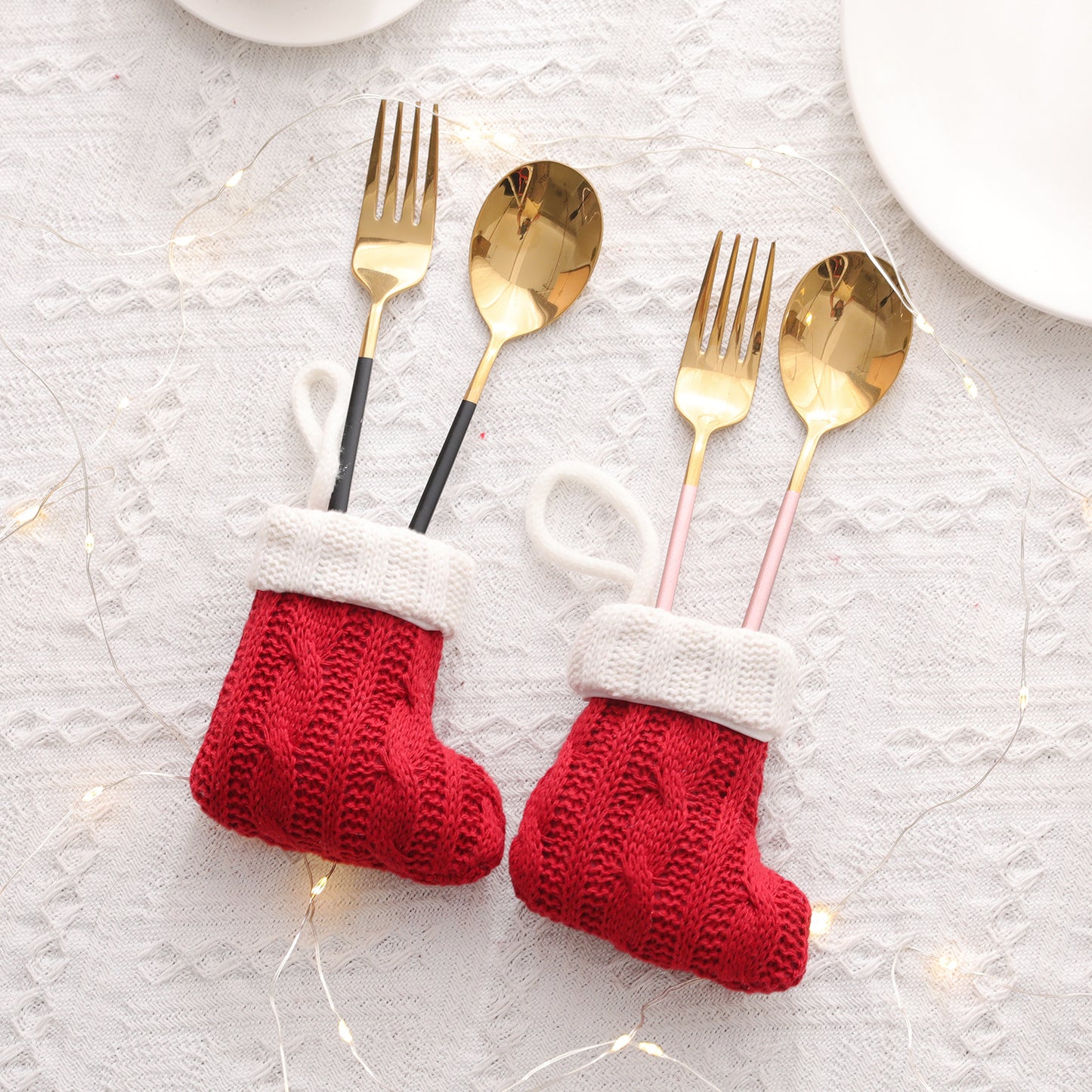 Christmas Decoration Mini Knitted Stockings Cutlery Holders 8 Pack for Home Party Decor(Tableware not included)