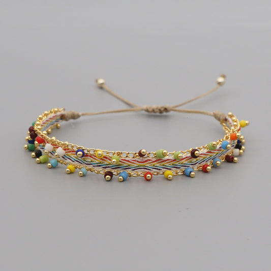 Multicolor Style Artisan Boho Beaded Bracelet - Handmade Woven Friendship Band with Gold-Plated Chain