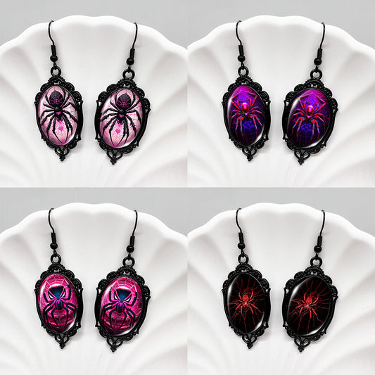 (Assorted 4-Pair Set) Gothic Spider Dangle Earrings - Vintage Black Frame Halloween Jewelry