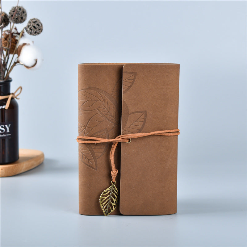 2PCS Dark Brown Vintage A5 PU Leather Journal with Leaf Charm - Ring Bound Refillable Notebook Set