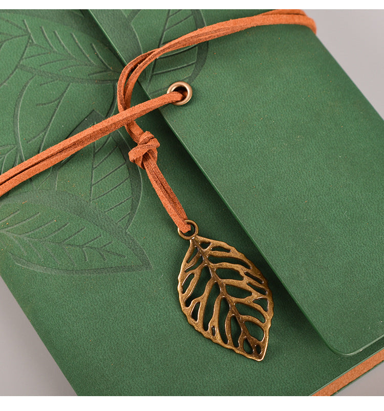 2PCS Dark Brown Vintage A5 PU Leather Journal with Leaf Charm - Ring Bound Refillable Notebook Set