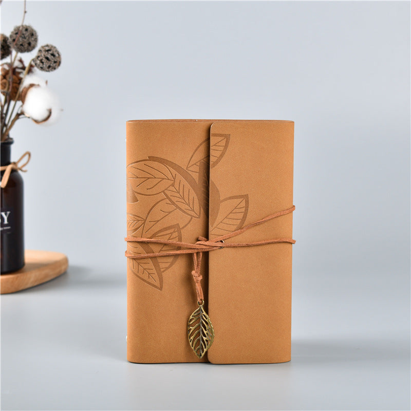 2PCS Light Brown Vintage A5 PU Leather Journal with Leaf Charm - Ring Bound Refillable Notebook Set