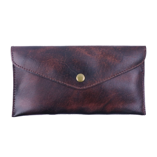 Coffee Vintage Japanese Style Full-Grain Leather Phone Wallet - Slim Envelope Clutch for Women