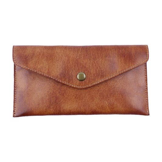 Light Brown Vintage Japanese Style Full-Grain Leather Phone Wallet - Slim Envelope Clutch for Women